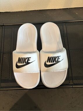 Nike White Slide Sandals with Black Logo